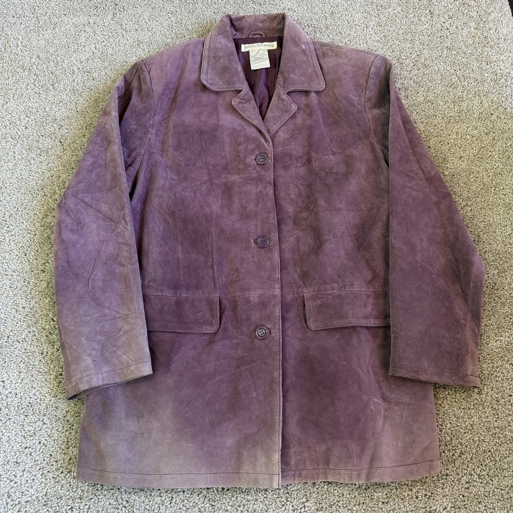 Jessica Holbrook Coat Womens L Purple Leather Single Breasted Lined Collared